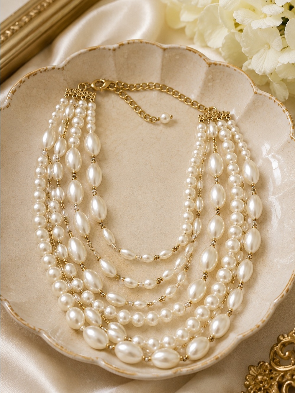 Elegant Multi Strand Pearl Bridal Statement Necklace Gold Tone Layered Jewelry - Picture 6 of 7